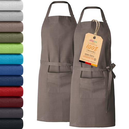 EllaTex DOPPELPACK Damen/Herren/Unisex Schürze Kochschürze Kellnerschürze Bistroschürze Küchenschürze Grillschürze Latzschürze 100% Baumwolle, Farbe: 2er PACK Cappuccino