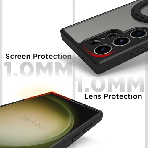 Image of RIGGEAR Shockproof Sleek Hybrid Armor 360 Rotating Magnetic Ring Stand Back Cover Case Compatible with MagSafe Accessories for Samsung Galaxy S23 Ultra (Clear PC + Black TPU Bumper)