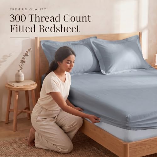 Image of Huesland 300 TC Premium 100% Pure Cotton Luxe Soft Touch Fitted King Size Bedsheet Cotton with 2 Pillow Covers | Greyish Blue | 72 x 78 Inches