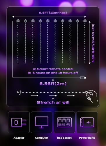 Image of Brightown 300 LED Fairy Curtain Lights, 9.8ft x 9.8ft Curtain String Lights | Purple USB Plug in 8 Lighting Modes Halloween String Hanging Lights with Remote for Bedroom Indoor Outdoor Party Xmas