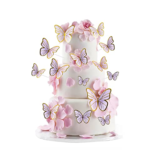 AWAVM 33 PCS 3D Décoration Papillon de Gâteau, Violet Bordure dorée Papillon rayé, Plug - in de Gâteau, Décoration de Cupcake, Décoration de Fête,...