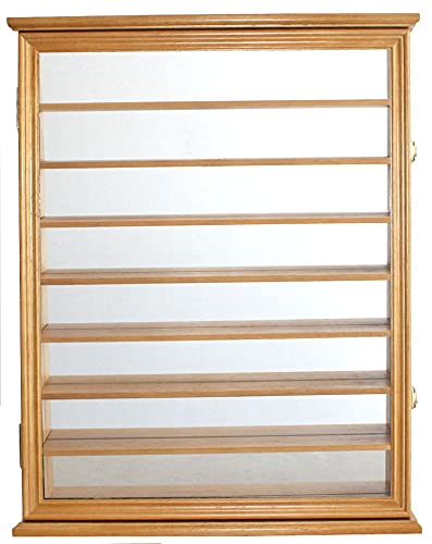 Shot Glass Display Case Solid Wood Wall Shot Glass Cabinet Rack Holder Lockable With Uv Protection Acrylic Glass Door Shot Glass Collection Display Cabinet Mirror Back (Oak Finish) #TOP3