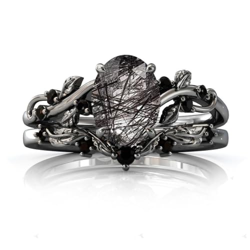 Natural Oval Black Rutilated Quartz Engagement Ring Set 925 Sterling Silver Rings for Her with Free Engraving Jewelry Gift for Women Black Rutilated Quartz Vintage Ring Set Size 4-12 -1