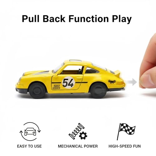 Image of SHAKTISM Die Cast Metal Toy Cars Set - 1:43 Scale Pull Back Action Cars with Open Doors, 4 Model Designs, Mini Vintage Car Collection for Kids Boys Girls, Gift Toy (Yellow Diecast Model)