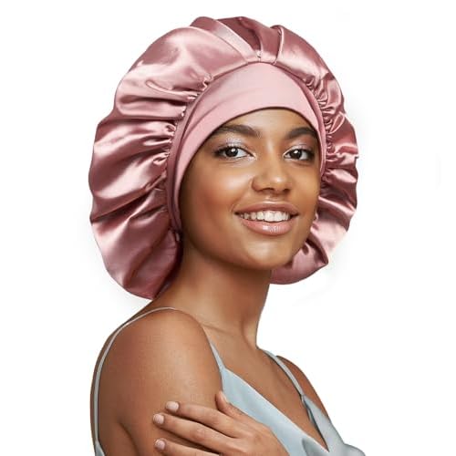 Umisleep 22 Momme 100% Mulberry Silk Bonnet for Sleeping Women,Double Layer-Inner Silk Hair Wrap with Satin Outer,Soft Elastic Band,Non-Slip Hair Bonnet for Long Curly Hair,Pink