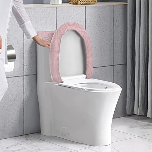 Toilet Lid Cover and Toilet Tank Cover Stretch Toilet Covers Set for Bathroom, Polyester Spandex Jacquard Fabric, Machine Washable, with Elastic Bottom, Pink - Thumbnail 5