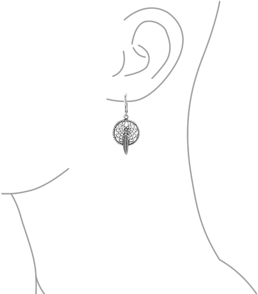 Feather South Western Native American Indian Dream Catcher Lever back Dangle Earrings Western Jewelry For Women For Teen .925 Sterling Silver
