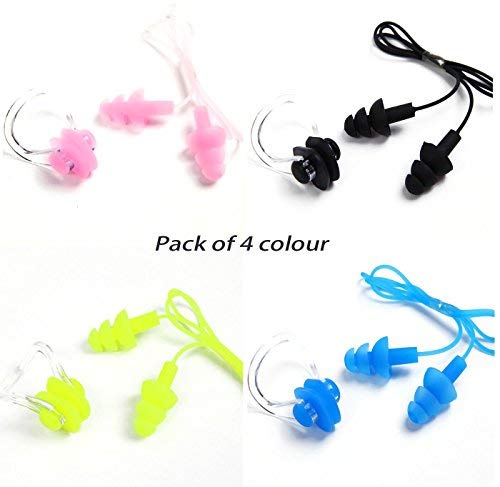 Odowalker Swimming Earplugs with String Waterproof Silica Gel Silicone Anti-Lost Swim Ear Plugs and Nose Clips Clamp Cover,Pack of 4 Colors with 4 Cases