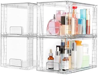4 Pack Large Stackable Storage Drawers,Easily Assemble Acrylic Bathroom Closet Undersink Organizers and Storage,Plastic Bins for Kitchen Cabinets,Pantry,Makeup,Medicine Organization