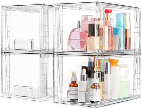 Vtopmart 4 Pack Large Stackable Storage Drawers,Easily Assemble Acrylic Bathroom Closet Undersink Organizers and Storage,Plastic Bins for Kitchen Cabinets,Pantry,Makeup,Medicine Organization