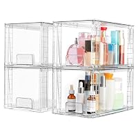 Vtopmart 4 Pack Large Stackable Storage Drawers, Easily Assemble Acrylic Bathroom Closet Undersink Organisers, Plastic Bins for Kitchen Cabinets, Pantry, Makeup, Medicine