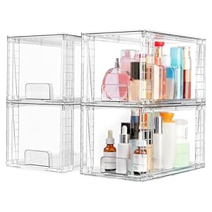 Vtopmart 4 Pack Large Stackable Storage Drawers,Easily Assemble Acrylic Bathroom Closet Undersink Organizers and Storage,Plastic Bins for Kitchen Cabinets,Pantry,Makeup,Medicine Organization