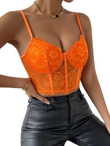 Lilosy Blusa Cami Sexy Floral Lace Sheer Longline Crop, Laranja, XGG