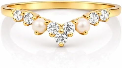 Pearl and Diamond Chevron Ring 14K Yellow Gold V Shaped Wedding Band Dainty Bridal Stacking Jewelry Minimalist Anniversary Birthday Gift for Her