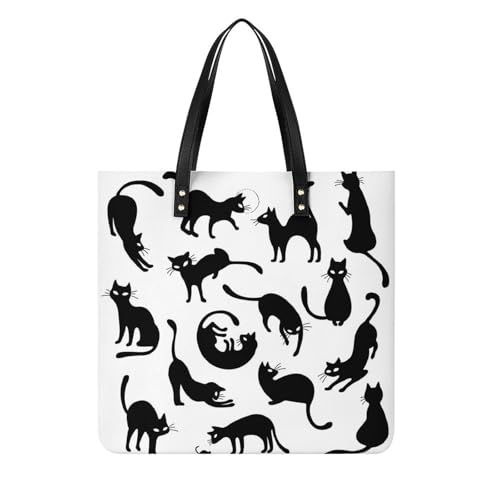 Sac à main shopper petits chats noirs pour femmes - Tote bag bandoulière voyage 39x39cm