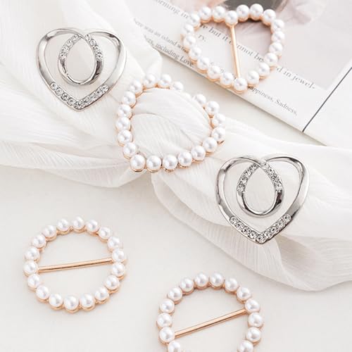 Image of 4Pcs Scarf Ring Tie Cinch Clip for Women Shawl Clothing Shirt Sweater Clips to Tighten Metal Pearl Flower Round Circle Pin Buckle Bandana Ring Trendy Silk Scarf for Women