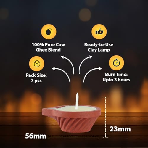 Image of Welburn Veda&Co Pure Cow Ghee Diya for Puja & Diwali Decoration | Upto 3 Hours Burn time | Smoke Free | Diyas for Pooja Havans & Religious Rituals,Festivals | Ready to use (7 pcs) (Pack of 7)