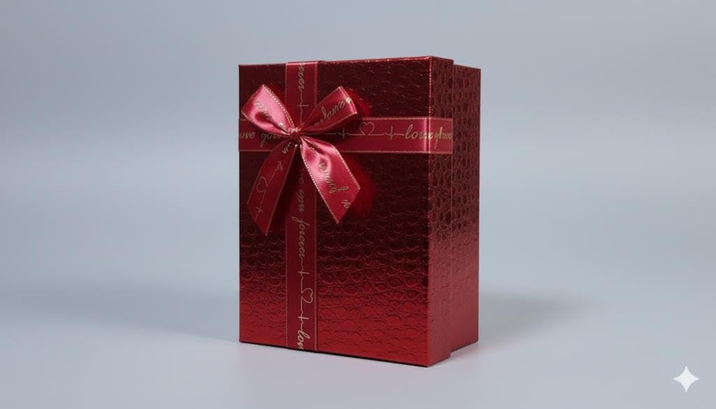 Lüks Dokulu Büyük Boy Hediye Kutusu - Kırmızı, "Love" Kurdeleli (23x16x9 cm)