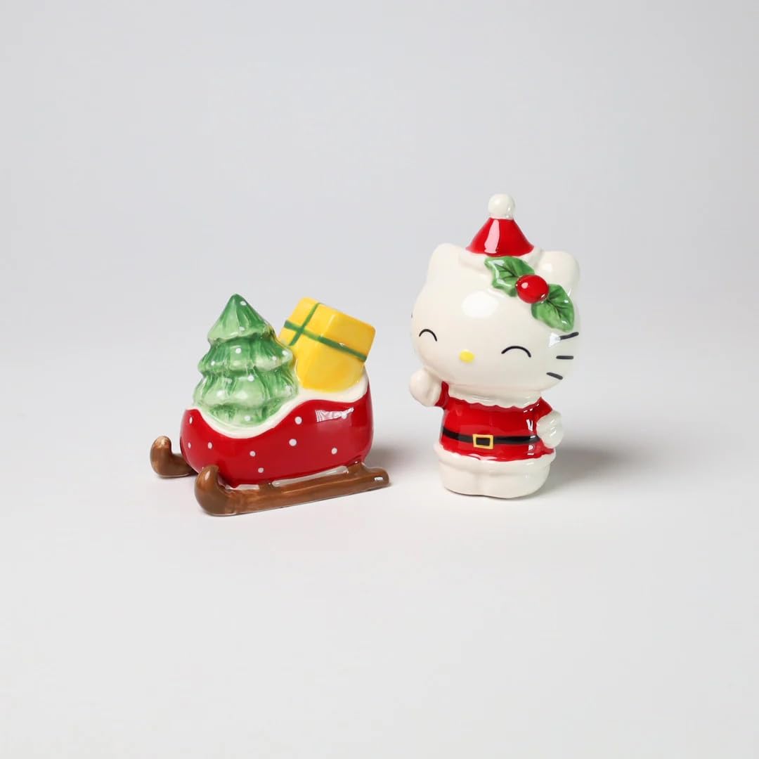 Blue Sky Clayworks Hello Kitty and Christmas Sleigh Ride Salt and Pepper, Set of 2, Holiday Kitchen Appliances, Ceramic, 24009