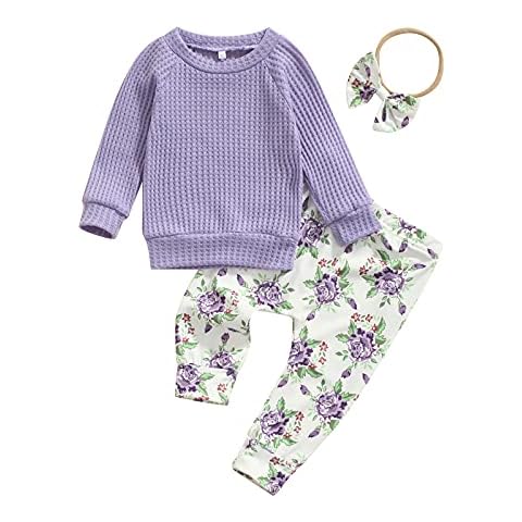 Toddler Baby Girls Clothes Set Solid Color Long Sleeve Knit Pullover Sweatshirt+ Floral Print Trousers+ Bow-Knot Headband 3pcs (Purple, 0-6 Months) Cover