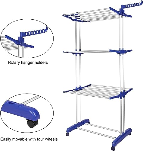 Image of Clothes Drying Rack, 3-Tier Folding Stainless Steel Laundry Rack with Side Wings Indoor & Outdoor Use Space-Saving Design (Blue)