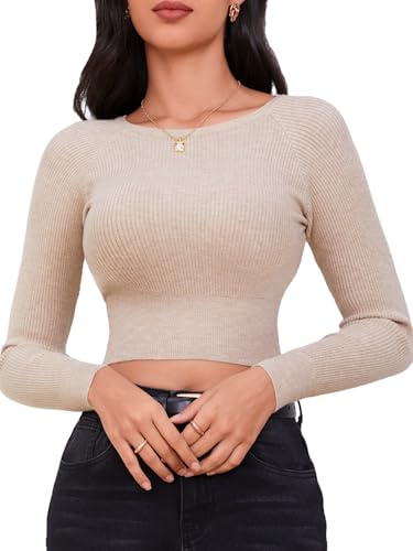 MakeMeChic Women's Long Sleeve Cropped Sweater Crew Neck Rib Knitted Tee Tops