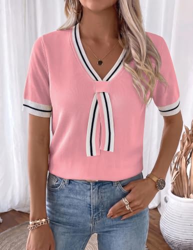 Image of Libsorge Womens Lightweight Cute Bow Tie Sweater Spring 2026 Business Casual Outfits V Neck Short Sleeve Tops