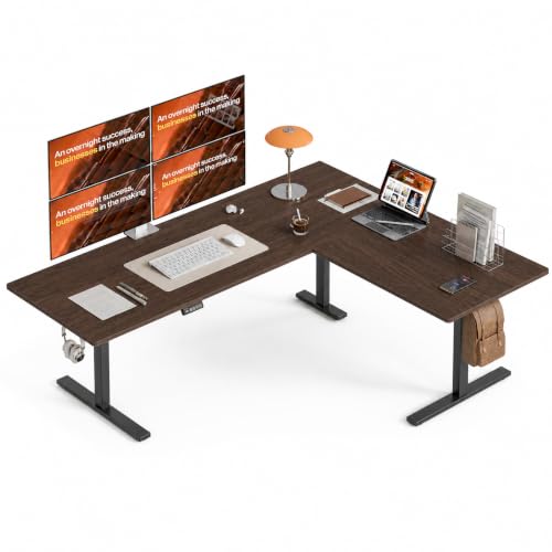 Image of Grandder 75 x 61 Inch L Shaped Standing Desk, Electric Height Adjustable Corner Stand Up Desk, Sit Stand Corner Table Home Office Table, Walnut Top Black Frame