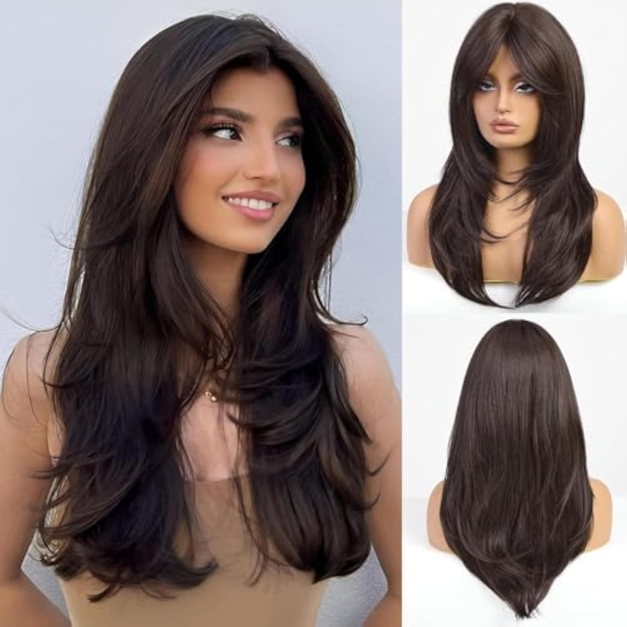 Brown Long Layered Synthetic Wig with Curtain Bangs