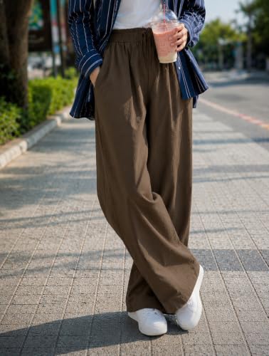 Image of CHICSTIT Women Cotton Wide Leg Trousers | Elastic Waist High Rise Palazzo Pants | Loose Fit /Straight Fit Casual Lounge Pants with Pockets