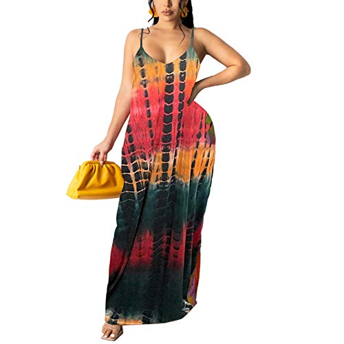 Image of BFFBABY Womens Summer Suspender Maxi Dress Plus Size Striped Printed Sleeveless with Pockets and Belt