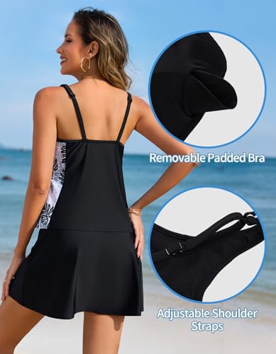 Two Piece Tankini Swimsuits for Women Printed Block Tankini Top with Swim Skirt Tummy Control Bathing Suit3