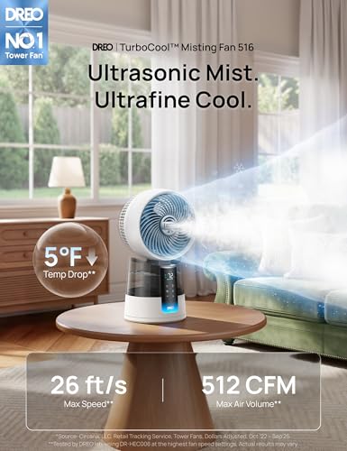 Image of DREO TurboCool Misting Fan 516, 5℉ Drop Cooling Fans that Blow Cold Air | 150+30 Omni-directional Oscillating, Evaporative air cooler, 26 ft /s Wind, Ultrafine Mist, 20dB, 6 Speeds 2 Modes, White