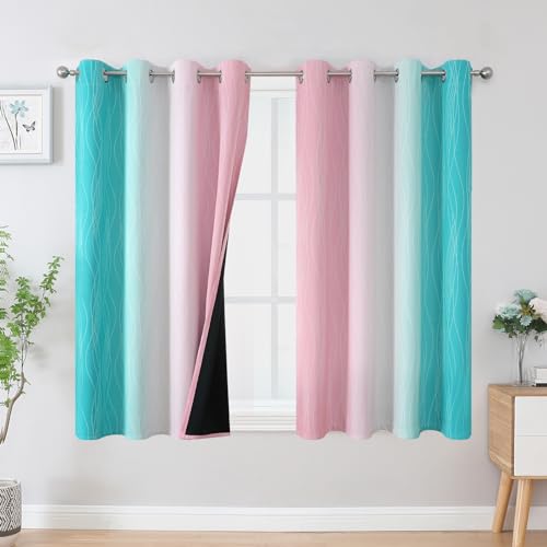 Estelar Textiler Pink and Teal Blackout Curtains 45 Inch Length, Full Light Blocking Gradient Drapes for Kitchen, Thermal Insulated Grommet Ombre Curtains for Bathroom, 52Wx45L, 2 Panels