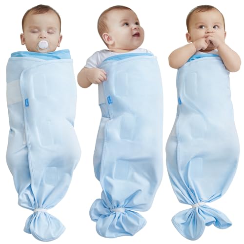 Image of GROWNSY Baby Swaddle Sack, 0-6 Months Newborn Swaddle Blanket Wrap with Small Wing, Transitional Swaddle Baby Sleep Sack, 95% Cotton 5% Elastane , Helps to Reduce Startle Reflex, Blue, 1 Pack
