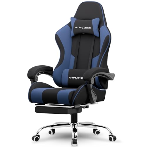 GTPLAYER Gaming Chair, Computer Chair with Footrest and Lumbar Support, Height Adjustable Game Chair with 360°-Swivel Seat and Headrest and for Office or Gaming (Blue, Fabric)