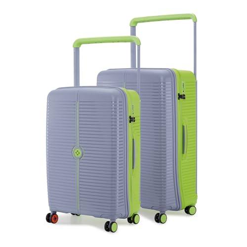 Nasher Miles Dubai TSA Lock Hard-Sided Polypropylene Wide Telescopic Handle 8 Wheels Double Spinner Luggage Set of 2 Grey Fluorescent Green Trolley Bags (65 & 75 cm), Medium & Large