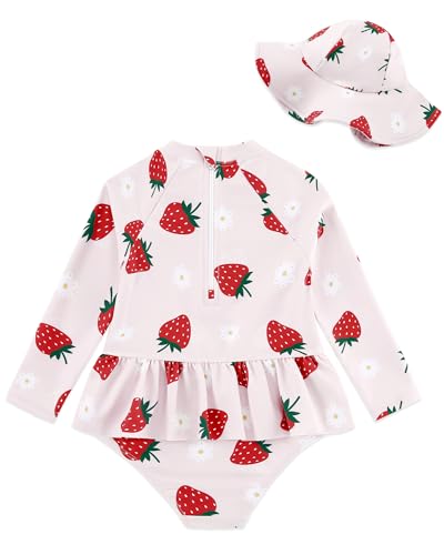 Image of Redair Toddler Girls One Piece Swimsuit Long Sleeve Bathing Suit with Hat UPF 50+ Sun Protection 1-5T