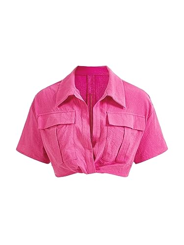 Verdusa Women's Short Sleeve Collar Neck Flap Pocket Twist Front