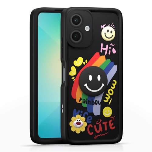 Image of Pikkme Back Cover for Samsung Galaxy A06 | Soft Silicone| Cute Rainbow Smile & 3D Cartoon Flower Design | Shockproof Raised Camera Protection Bumper Case (Black)
