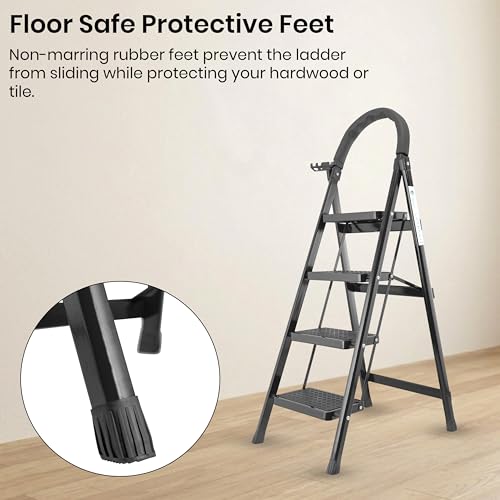 Image of Norman Jr Black 4 Step Ladder for Home Use with Built-in Tool Tray | Heavy Duty D Shape Rods | Ultra Large Platform | Wide Rubber Feet | 150Kg Capacity Foldable Ladder - 7 Years Warranty