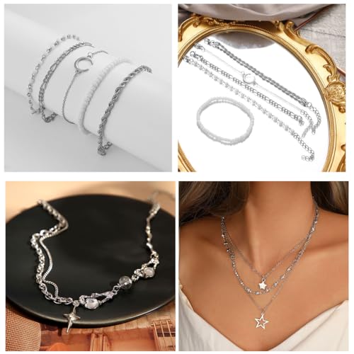 37pcs Silver Jewelry Set With 3 PCS Necklace, 14 PCS Bracelet, 7 PCS Ear Cuffs Earring, 6pcs Hoop Earrings,7pcs silver rings set For Women For Birthday Gifts4