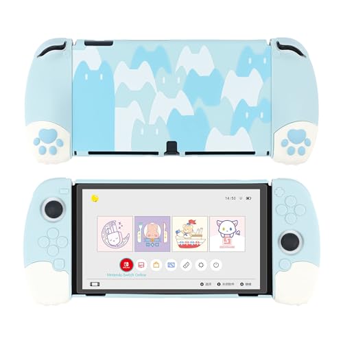GeekShare Cute Cat Paw Ergonomic Protective Case Cover Compatible with Nintendo Switch OLED Console and Joy-Con, Shock-Absorption and Anti-Scratch Slim Cover Skin for Switch OLED Model- Blue