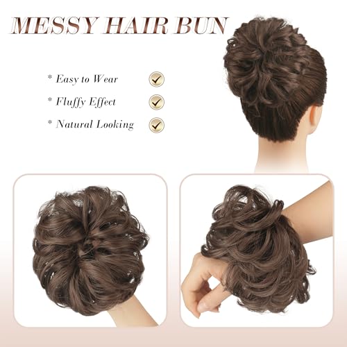FESHFEN Messy Bun Hair Piece - Elastic Wavy Curly Hair Bun Scrunchies Extensions Synthetic Chignon Hairpieces for Women Girls, Brunette Brown 1.5 oz - Thumbnail 3
