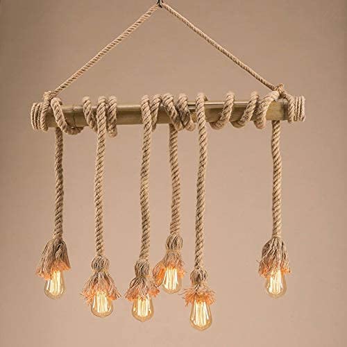 Image of GreyWings Rustic Jute Rope Hanging Light with Wooden Beam 6 Light Pendant Ceiling Lamp Farmhouse Hanging Light for (Bulb not Included), Pack of 2