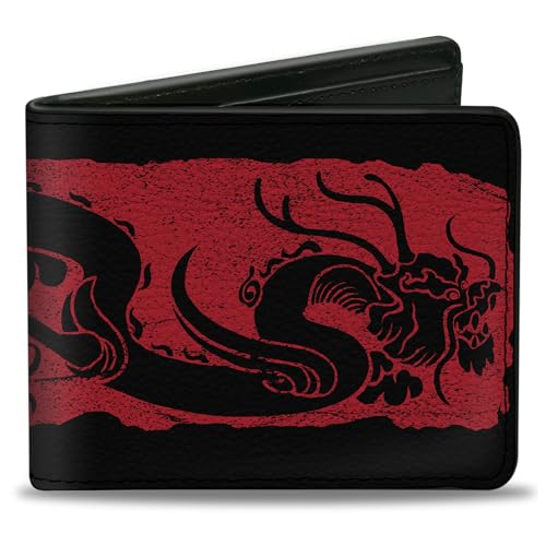 Buckle-Down Men's Disney Wallet, Bifold, Mulan Dragon Block Print Red Black, Vegan Leather, 4.0