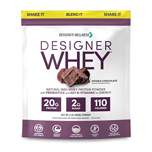 Designer Wellness, Designer Whey, Natural Protein Powder with Probiotics, Fiber, and Key B-Vitamins for Energy, Gluten-Free & Kosher, Double Chocolate, 2 lb