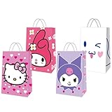 12 Pcs Cute Party Favor Bags, 4 Patterns Double Sided Printed Candy Goodie Treat Bags with Handle, Cartoon Pink Birthday Party Supplies for Kids
