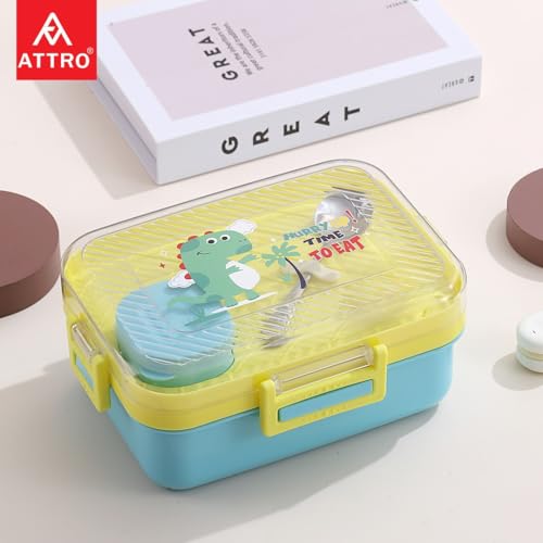 Image of ATTRO Monark Dinosaur Themed Kids Lunch Box with Inner Steel 3 Compartment 1 Small Container, Stainless Steel, 1 Spoon & Separate Internal Lid Leakproof- 750ml+70ml Yellow