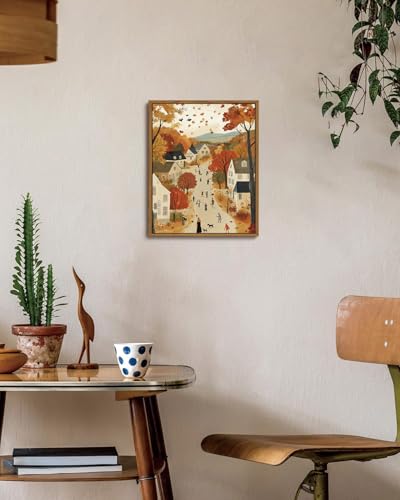 Image of KISSFOX Framed Wall Art Vintage Wall Decor Fall Landscape Pictures Cottage Scenery Canvas Art Farmhouse Countryside Paintings Artwork For Bedroom Kitchen Living Room
